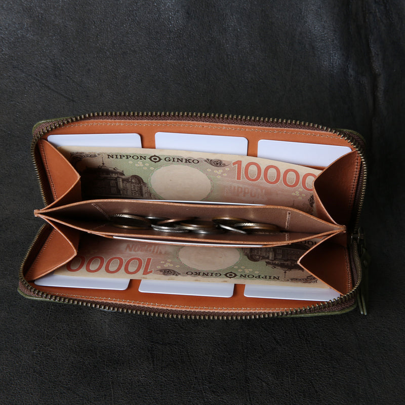 【2025 SPECIAL】FW1 ハンドダイ・ヌメクロコ × ハンドダイ・ベルギーヌメ ≪GREEN≫ ジップロングウォレット