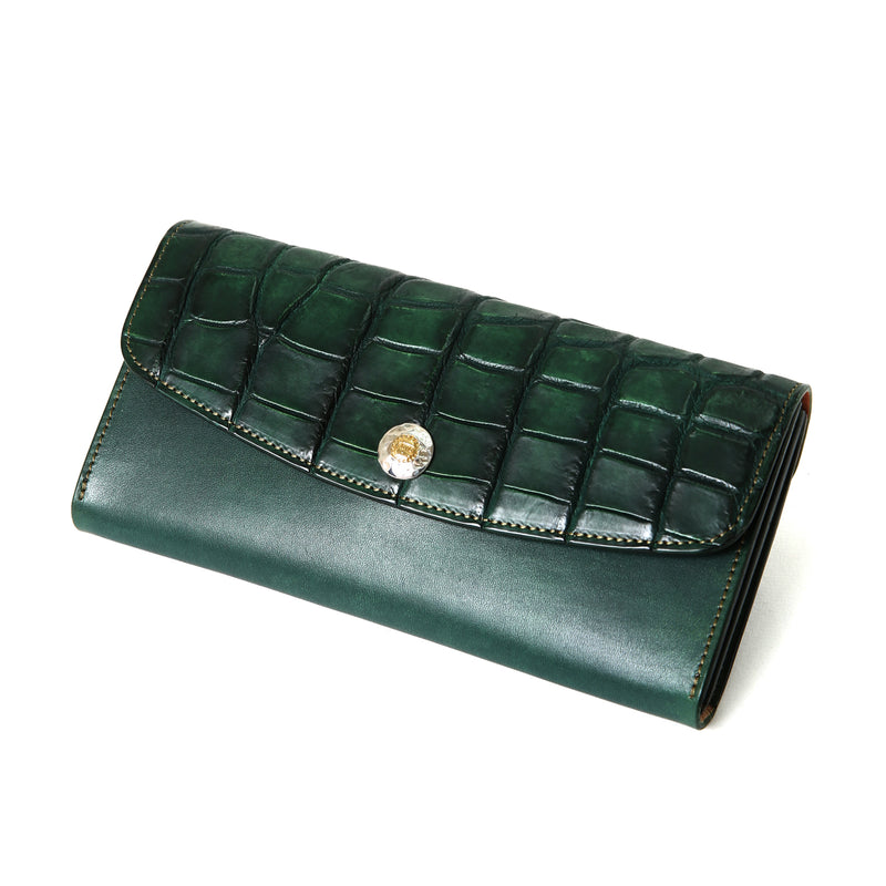 【2025 NEW COLLECTION】LW2 ハンドダイ・ヌメクロコ × ハンドダイ・ベルギーヌメ ≪GREEN≫ ロングウォレット